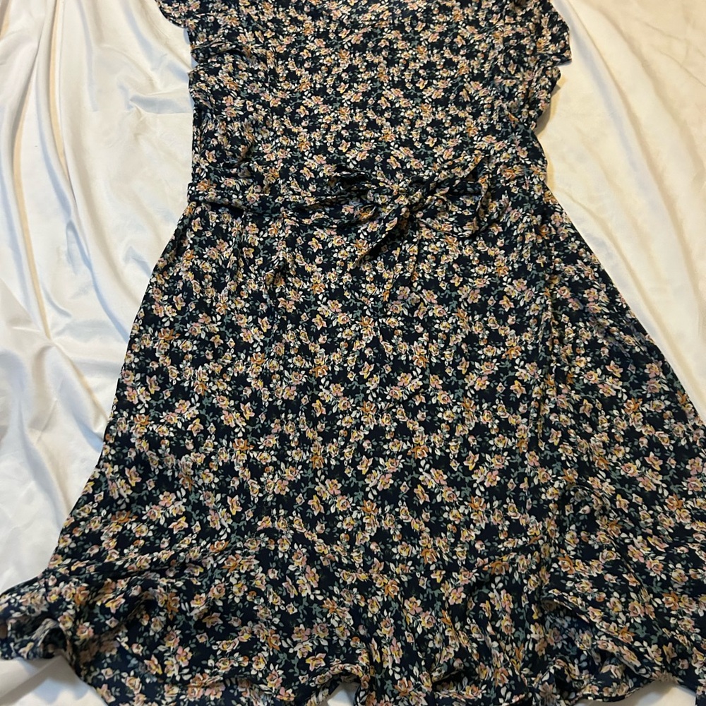 Max Studio Floral Print Ruffle Sleeve Tie Waist Dress Navy Pink Size 1X. NWOT - Picture 7 of 14